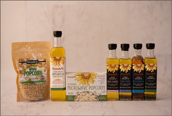 Smudes products: popcorn and oil. Photo credit: Smude’s Sunflower Oil