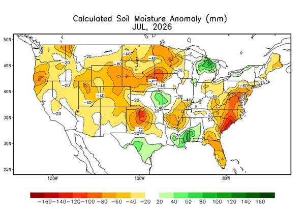 US map, soil moisture anomaly, July 2026