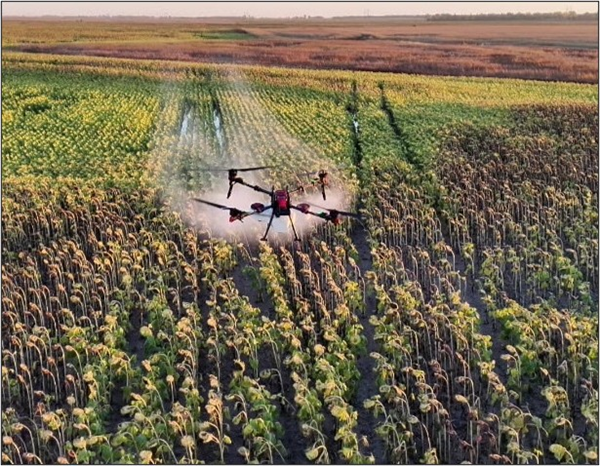 Drone flying over field